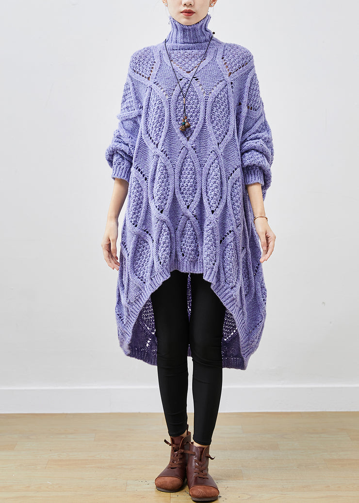 French Purple Turtle Neck Low High Design Cable Long Knit Dress Winter