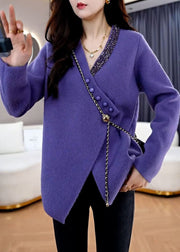 French Purple V Neck Asymmetrical Design Knit Loose Cardigan Spring