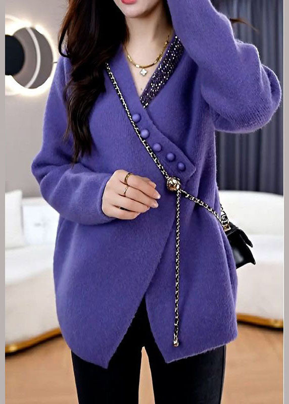 French Purple V Neck Asymmetrical Design Knit Loose Cardigan Spring