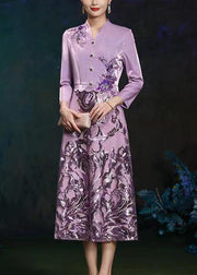 French Purple V Neck Embroidered Patchwork Silk Long Dresses Fall