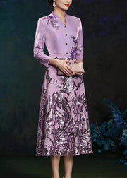 French Purple V Neck Embroidered Patchwork Silk Long Dresses Fall
