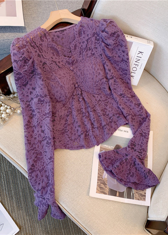 French Purple V Neck Hollow Out Lace Top Puff Sleeve