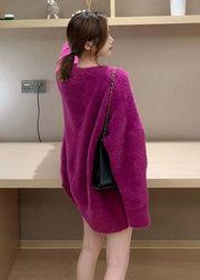 French Purple V Neck Oversized Mink Hair Knitted Sweaters Winter