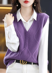 French Purple V Neck Patchwork Knit Woolen Vest Sleeveless