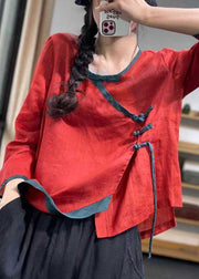 French Red Asymmetrical Button Linen Blouses Long Sleeve