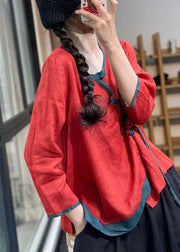 French Red Asymmetrical Button Linen Blouses Long Sleeve