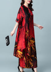 French Red Asymmetrical Design Print Silk Dress And Wide Leg Pants Two Pieces Set Summer