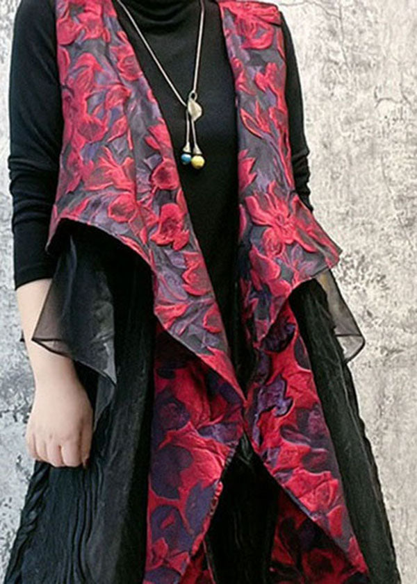 French Red Asymmetrical Jacquard Patchwork Silk Vest Sleeveless