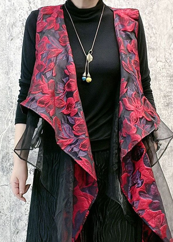 French Red Asymmetrical Jacquard Patchwork Silk Vest Sleeveless