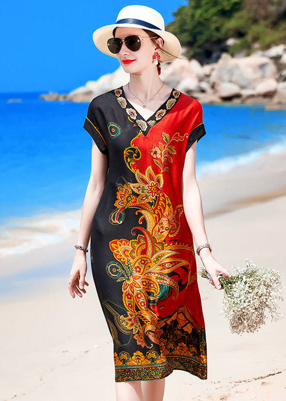 French Red Black V Neck Print Draping Silk Vacation Dress Short Sleeve
