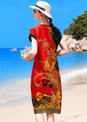 French Red Black V Neck Print Draping Silk Vacation Dress Short Sleeve
