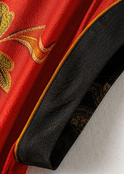 French Red Black V Neck Print Drapierendes Seidenurlaubskleid mit kurzen Ärmeln