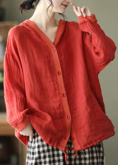 French Red Button hooded Ramie Long sleeve Shirt Tops - SooLinen