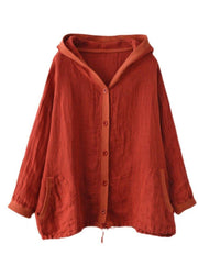 French Red Button hooded Ramie Long sleeve Shirt Tops - SooLinen
