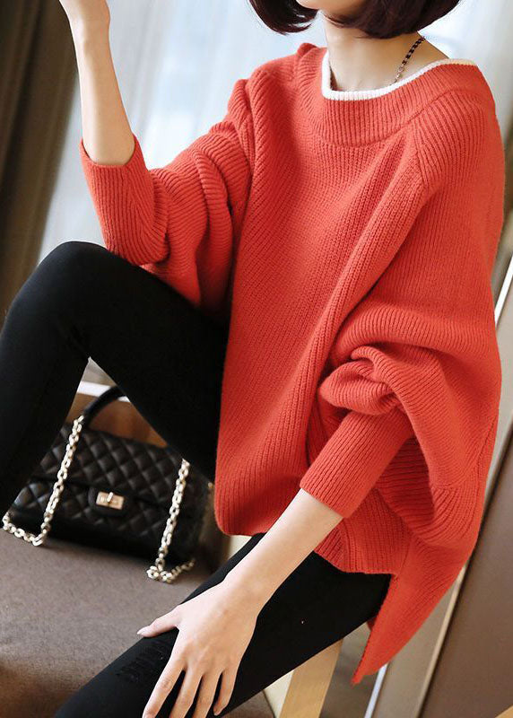French Red Chunky Oversized Knitted Top Batwing Sleeve