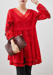 French Red Cinched Lace Mini Dresses Fall