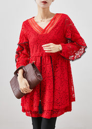 French Red Cinched Lace Mini Dresses Fall