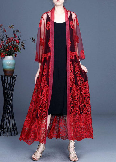 French Red Embroideried Tulle Cardigan Long - SooLinen