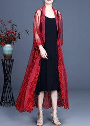 French Red Embroideried Tulle Cardigan Long - SooLinen