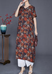French Red Floral Patchwork Linen Straight Dress Summer