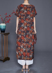 French Red Floral Patchwork Linen Straight Dress Summer