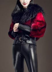French Red Fox Collar Patchwork Leather And Fur Coats Winter