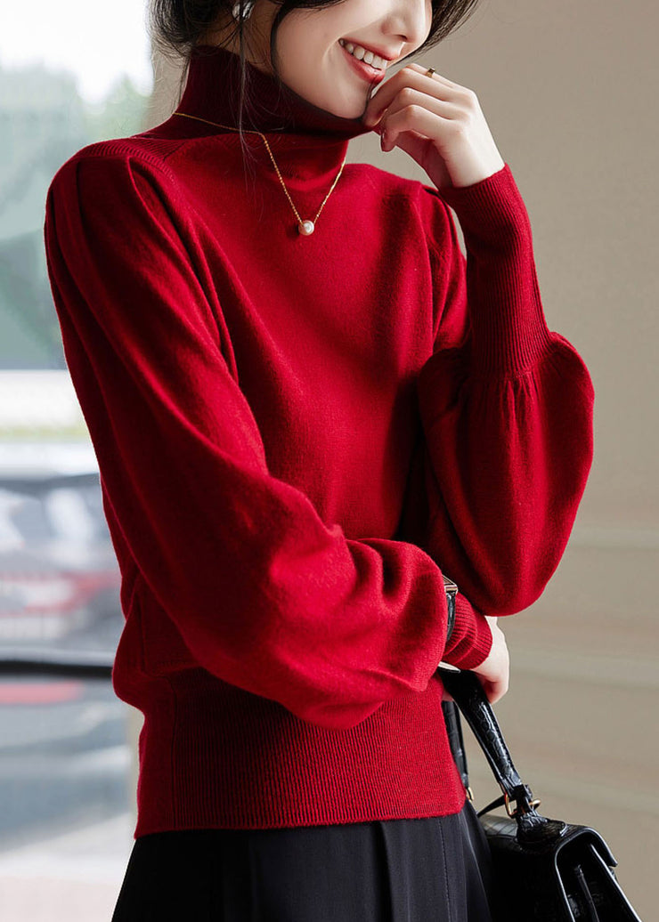 French Red High Neck Warm Cashmere Sweater Winter