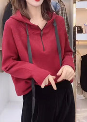 French Red Hooded Drawstring Knit Loose Sweatshirt Long Sleeve