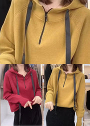 French Red Hooded Drawstring Knit Loose Sweatshirt Long Sleeve