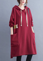 French Red Hooded Graphic Cotton Sweatshirt dress Winter