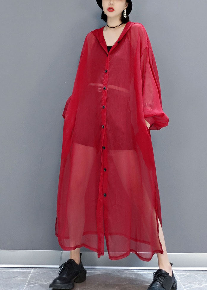 French Red Hooded Hollow Out Chiffon Long Cardigans Summer