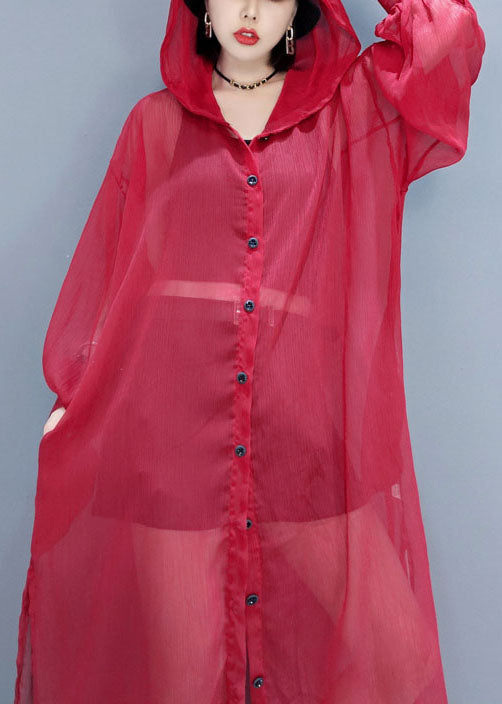 French Red Hooded Hollow Out Chiffon Long Cardigans Summer