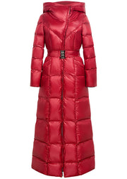 French Red Hooded Sashes Thick Lengthen Fine Cotton Filled Parka Winter