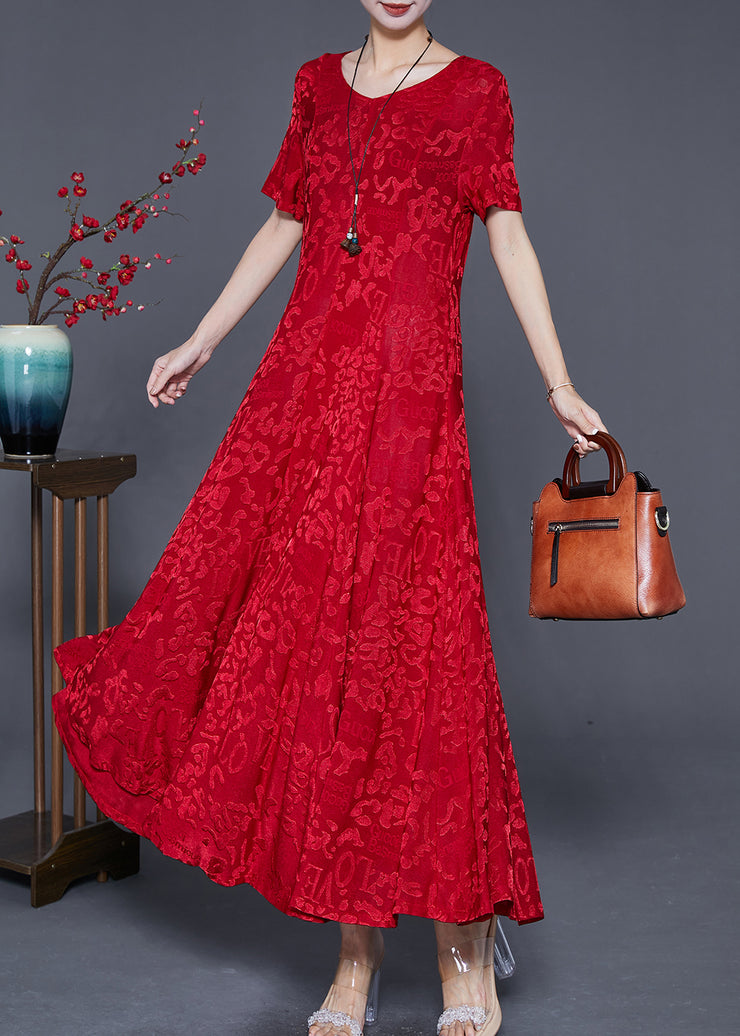 French Red Jacquard Exra Large Hem Silk Maxi Dresses Summer
