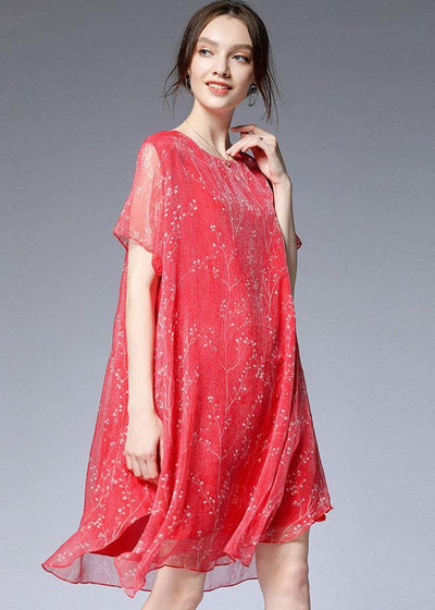 French Red O-Neck Asymmetrical Design Summer Chiffon Dresses Short Sleeve - SooLinen