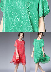 French Red O-Neck Asymmetrical Design Summer Chiffon Dresses Short Sleeve - SooLinen