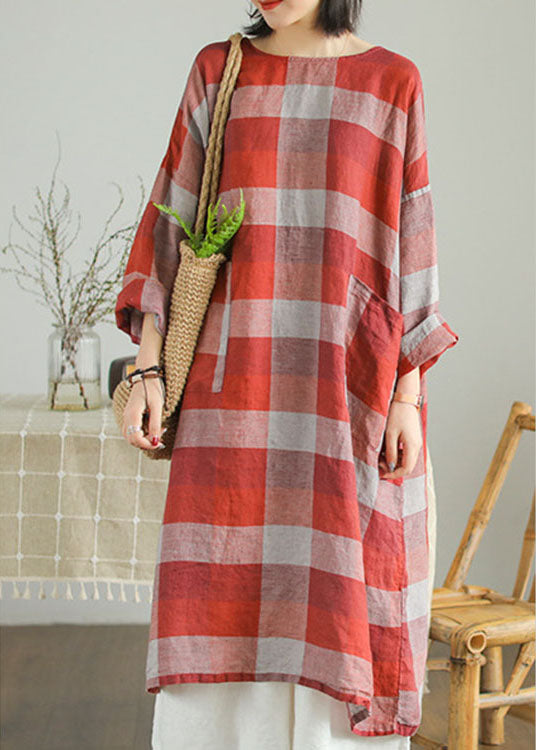 French Red O-Neck Pockets Linen Fall Robe Dresses