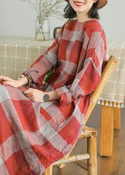 French Red O-Neck Pockets Linen Fall Robe Dresses