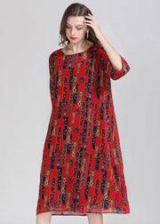 French Red O Neck Print Patchwork Chiffon Mid Dress Summer