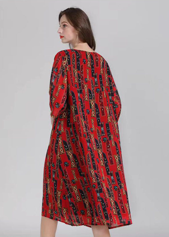 French Red O Neck Print Patchwork Chiffon Mid Dress Summer