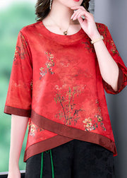 French Red O Neck Print Patchwork Silk Shirt Tops Summer