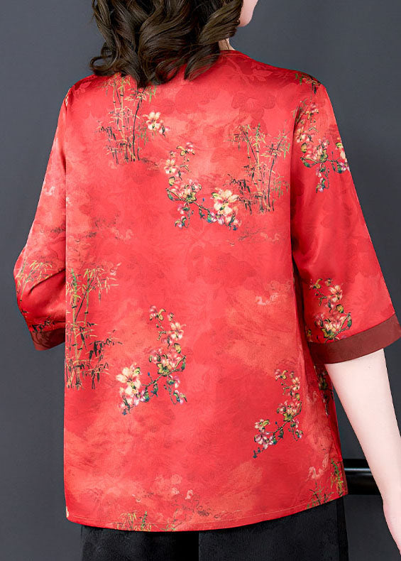 French Red O Neck Print Patchwork Silk Shirt Tops Summer