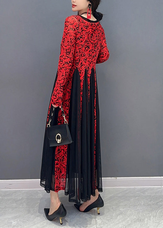 French Red O-Neck Print Tulle Maxi Dresses Spring