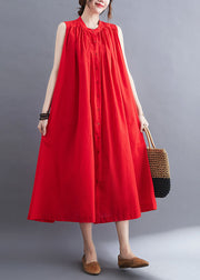 French Red O-Neck Wrinkled Cotton A Line Dresses Sleeveless