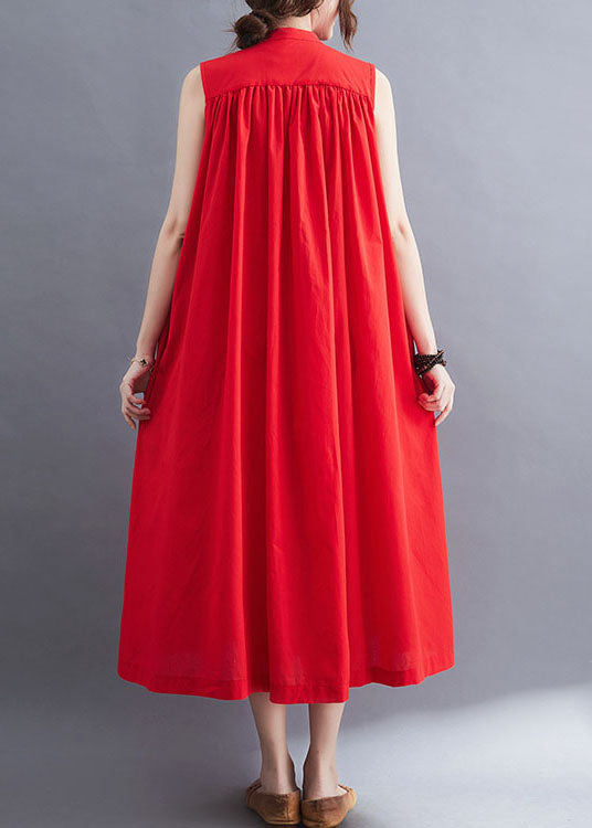 French Red O-Neck Wrinkled Cotton A Line Dresses Sleeveless