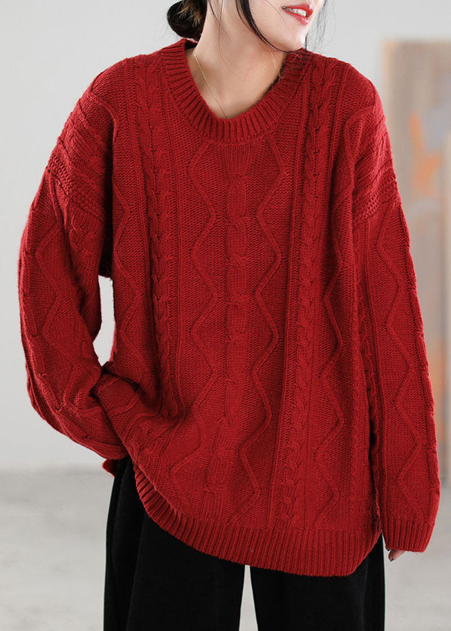 French Red O-Neck Seite offener Strickpullover Tops Frühling