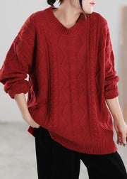 French Red O-Neck side open Knit Sweater Tops Spring