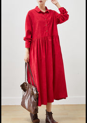 French Red Oversized Exra Large Hem Corduroy Long Dress Spring