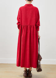French Red Oversized Exra Large Hem Corduroy Long Dress Spring