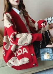 French Red Oversized Jacquard Knit Loose Cardigan Winter